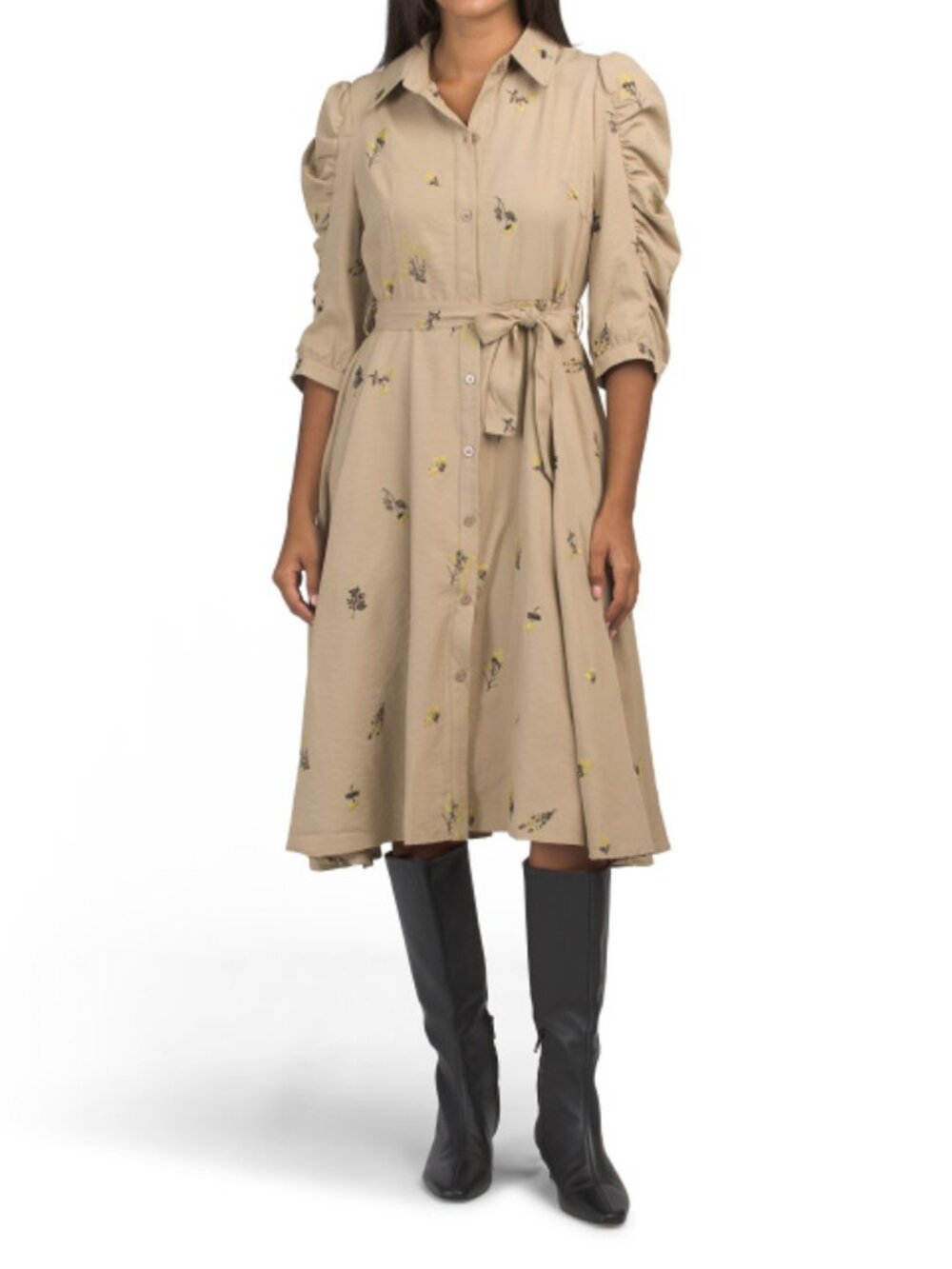NANCY YANG Embroidered Floral Midi Dress